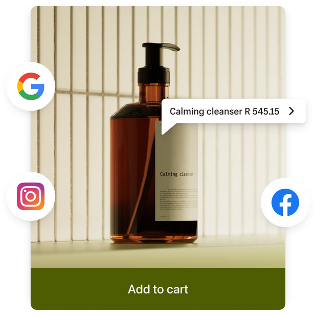 Close up on a skincare product on a shelf in a store. The product is framed by an online checkout screen and surrounded by logos for popular social media platforms indicating this product is for sale in store, online, and on social media.